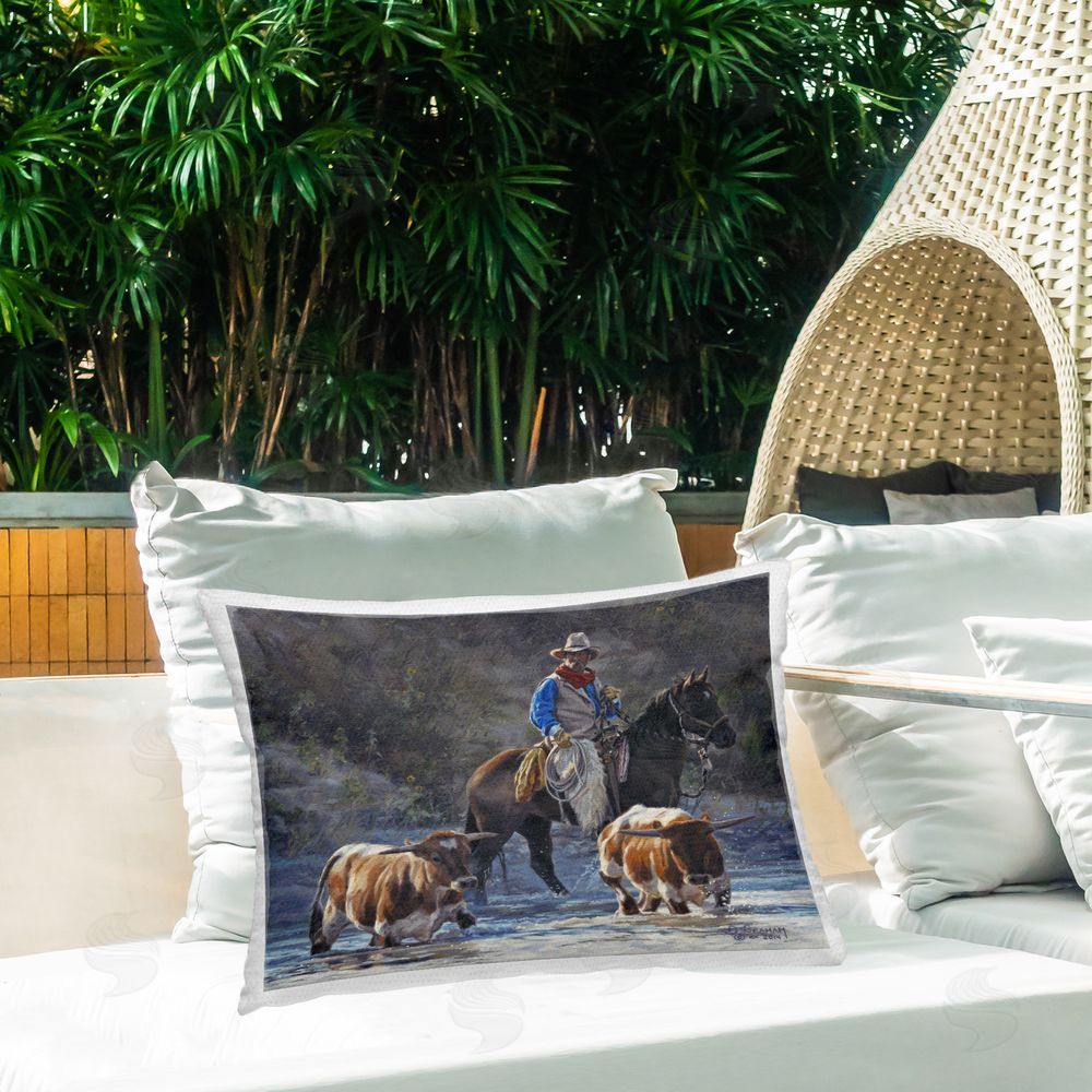 David Graham Cowboy Crossing River Outdoor Quick-Dry Polyester Printed Throw Pillow in Back Yard