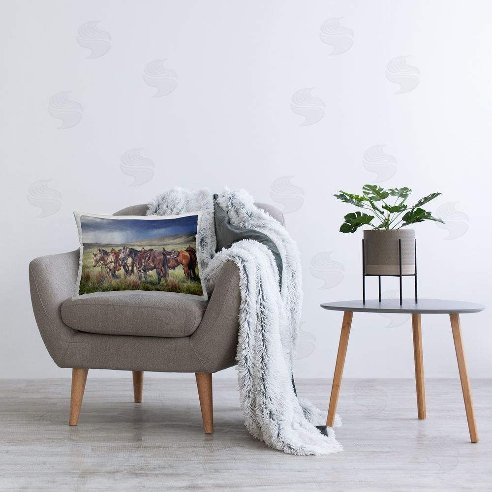 David Graham Hurry & Wait Horses Printed Plush Polyester Throw Pillow On Chair