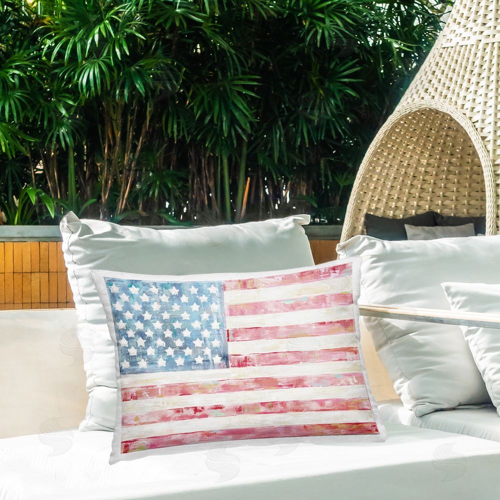 Jenny Westenhofer Patriotic Brushed Flag Outdoor Quick-Dry Polyester Printed Throw Pillow in Back Yard