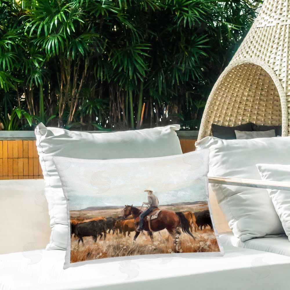 Nina Blue Cowboy Rounding Cattle Outdoor Quick-Dry Polyester Printed Throw Pillow in Back Yard
