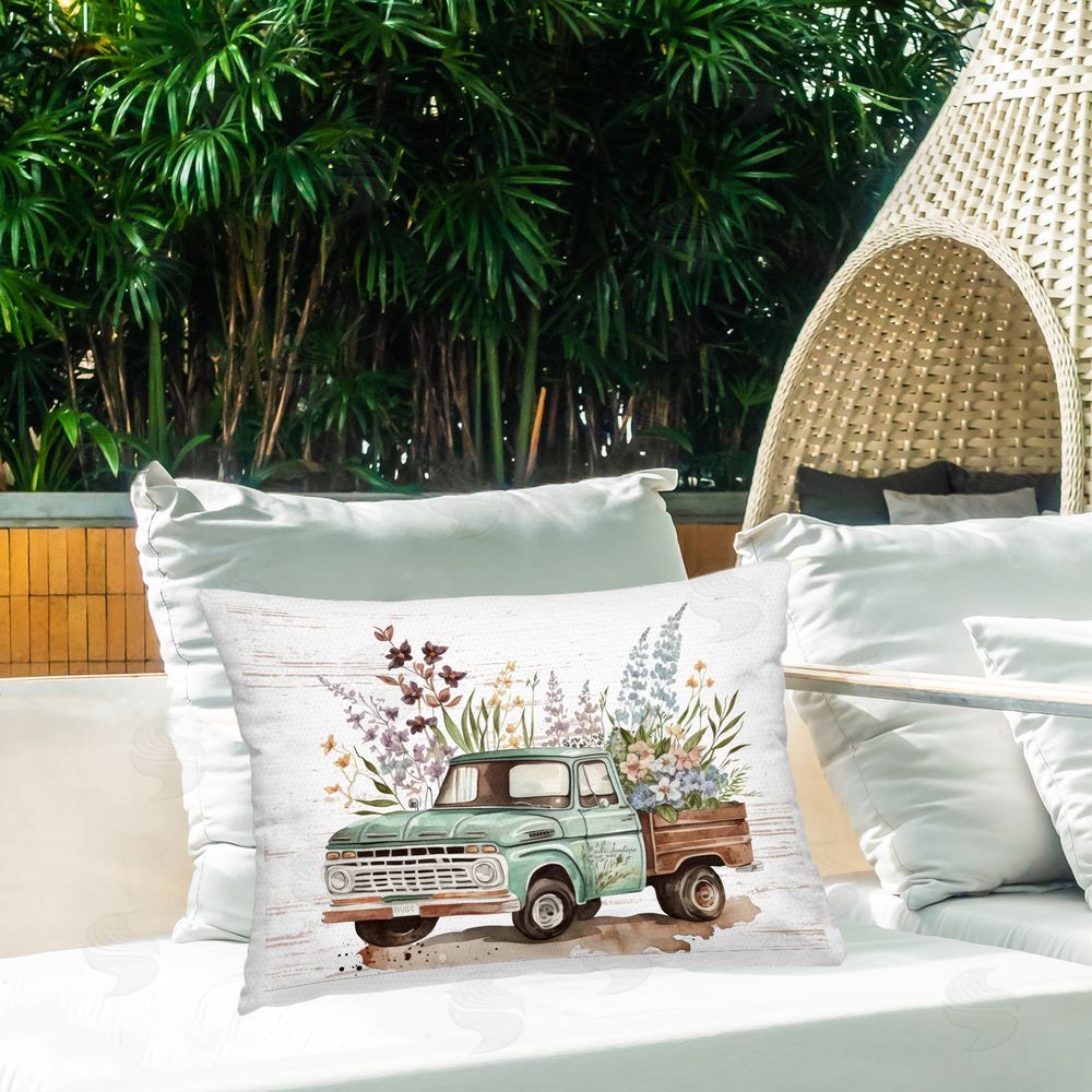 Lettered and Lined Floral Herb Truck Outdoor Quick-Dry Polyester Printed Throw Pillow in Back Yard