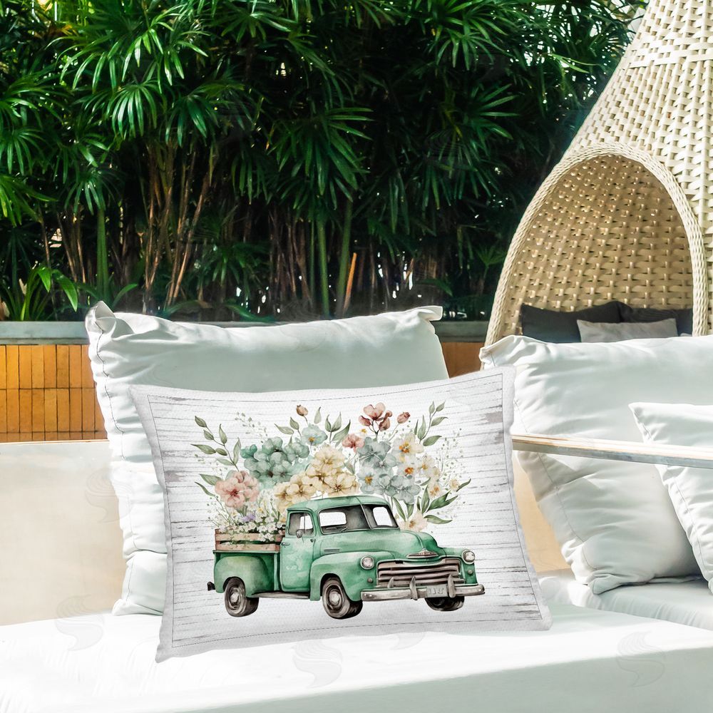Lettered and Lined Floral Filled Truck Outdoor Quick-Dry Polyester Printed Throw Pillow in Back Yard