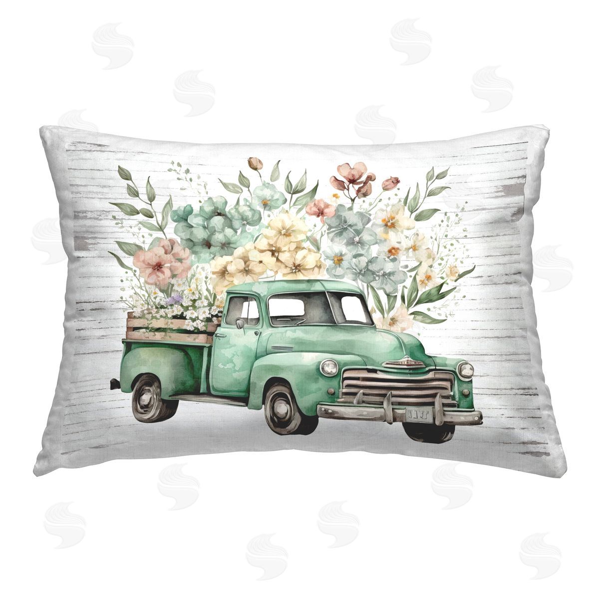 Lettered and Lined Floral Filled Truck Printed Plush Polyester Throw Pillow