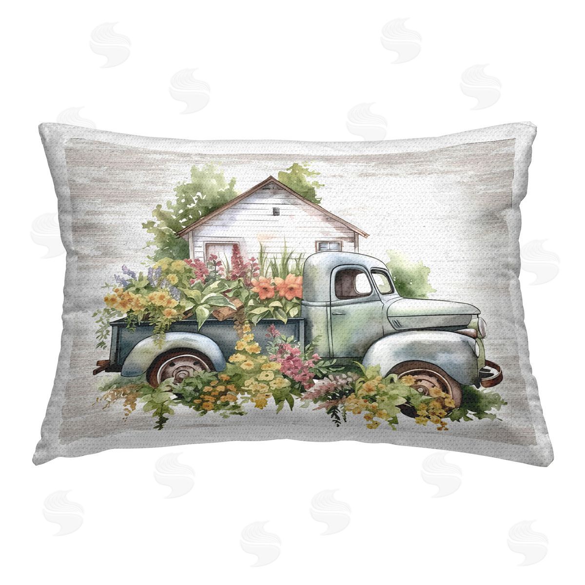 Lettered and Lined Country Floral Truck Outdoor Quick-Dry Polyester Printed Throw Pillow