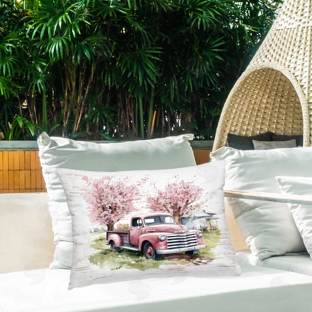 Lettered and Lined Cherry Blossoms & Pickup Outdoor Quick-Dry Polyester Printed Throw Pillow in Back Yard
