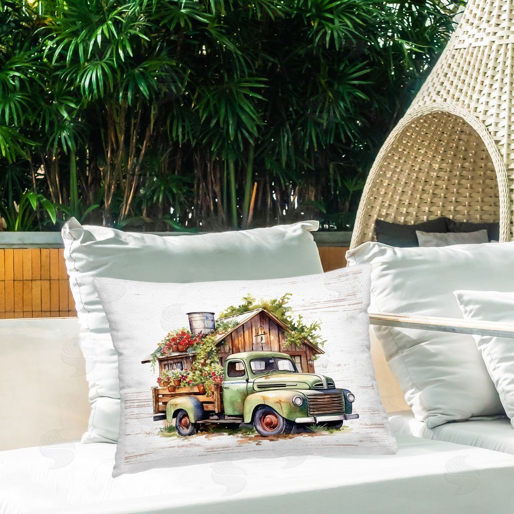 Lettered and Lined Rustic Pickup with Greenery Outdoor Quick-Dry Polyester Printed Throw Pillow in Back Yard