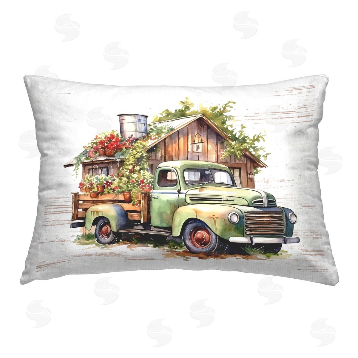 Lettered and Lined Rustic Pickup with Greenery Printed Plush Polyester Throw Pillow