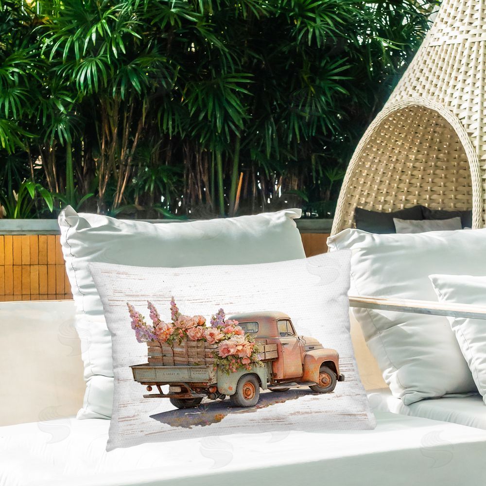 Lettered and Lined Chic Floral Truck Outdoor Quick-Dry Polyester Printed Throw Pillow in Back Yard