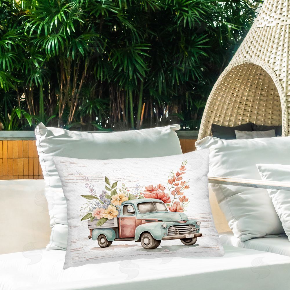 Lettered and Lined Flower Blossom Truck Outdoor Quick-Dry Polyester Printed Throw Pillow in Back Yard