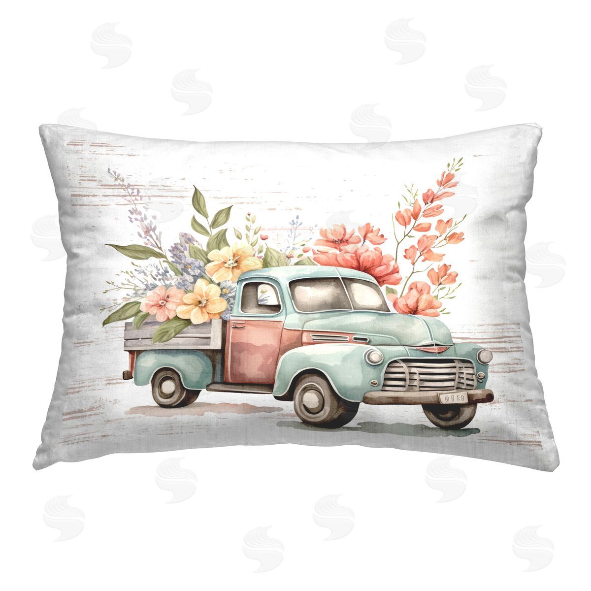 Lettered and Lined Flower Blossom Truck Printed Plush Polyester Throw Pillow