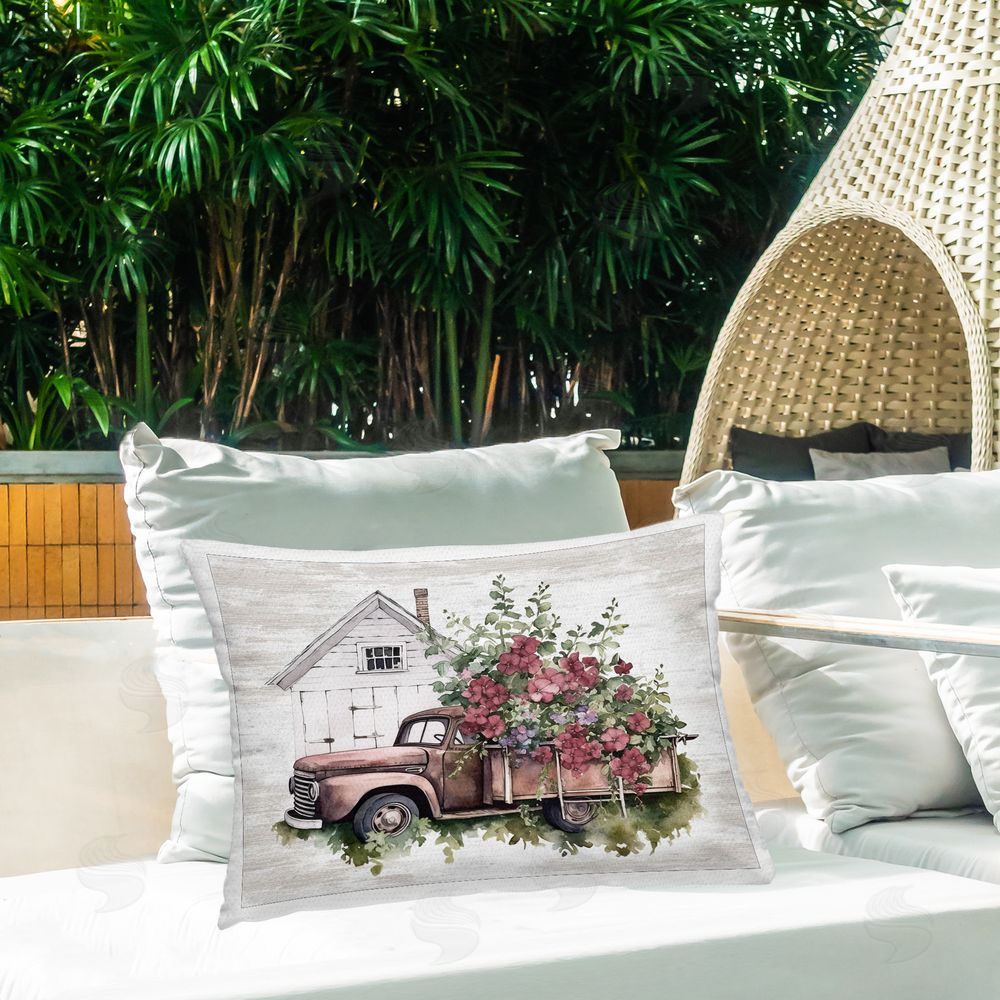Lettered and Lined Burgundy Flowers Truck Outdoor Quick-Dry Polyester Printed Throw Pillow in Back Yard