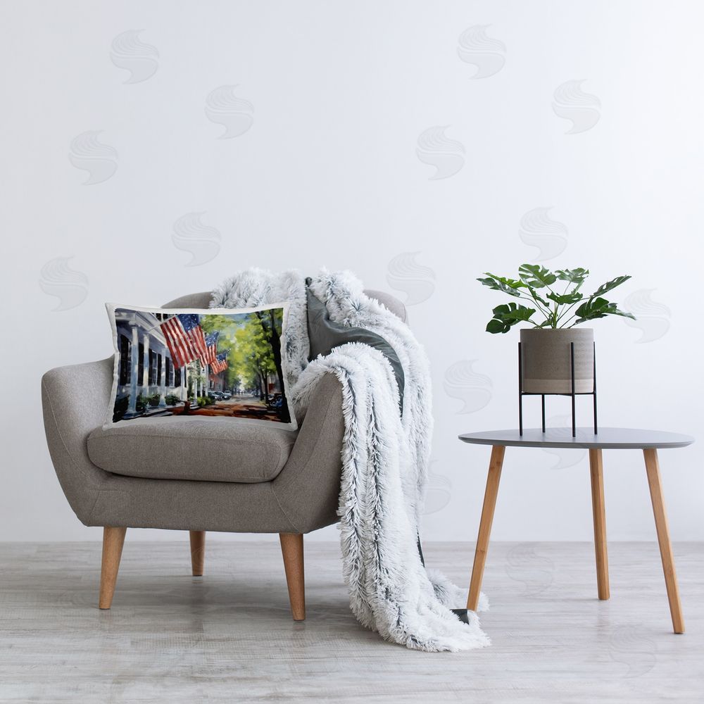 Petal Prints Design Flag Lined Building Printed Plush Polyester Throw Pillow On Chair