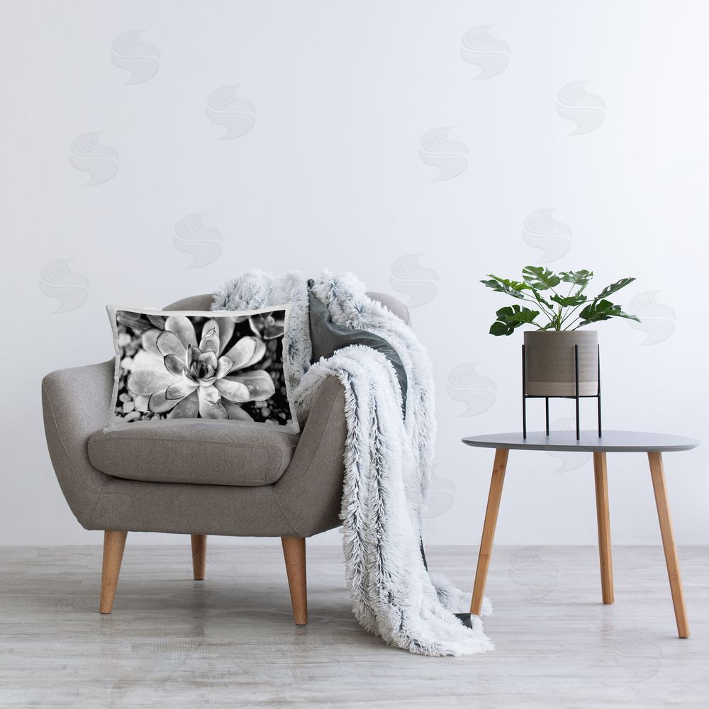 Susan Bryant Monochrome Succulent Leaves Printed Plush Polyester Throw Pillow On Chair