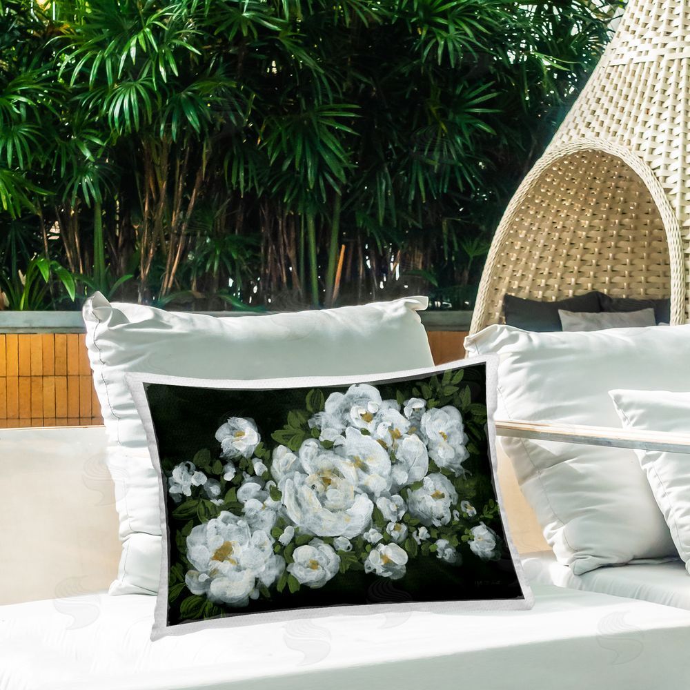 Yvette St. Amant Midnight Blooming Roses Outdoor Quick-Dry Polyester Printed Throw Pillow in Back Yard