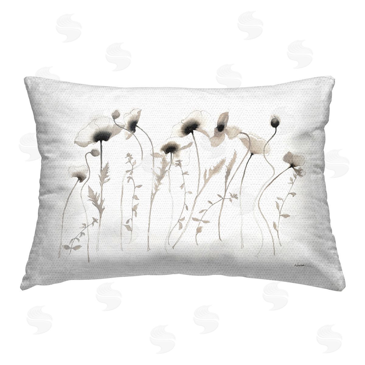 Shirley Novak White Poppy Sprigs Outdoor Quick-Dry Polyester Printed Throw Pillow