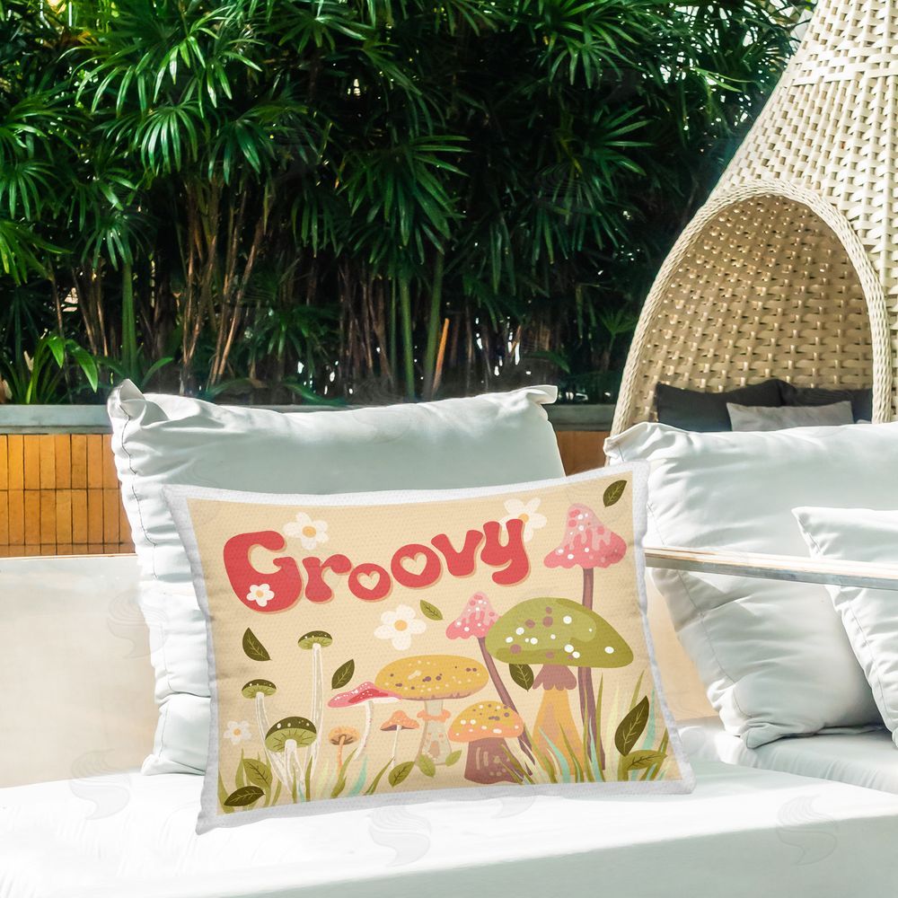 Diane Labombarbe Groovy Botanical Mushrooms Outdoor Quick-Dry Polyester Printed Throw Pillow in Back Yard