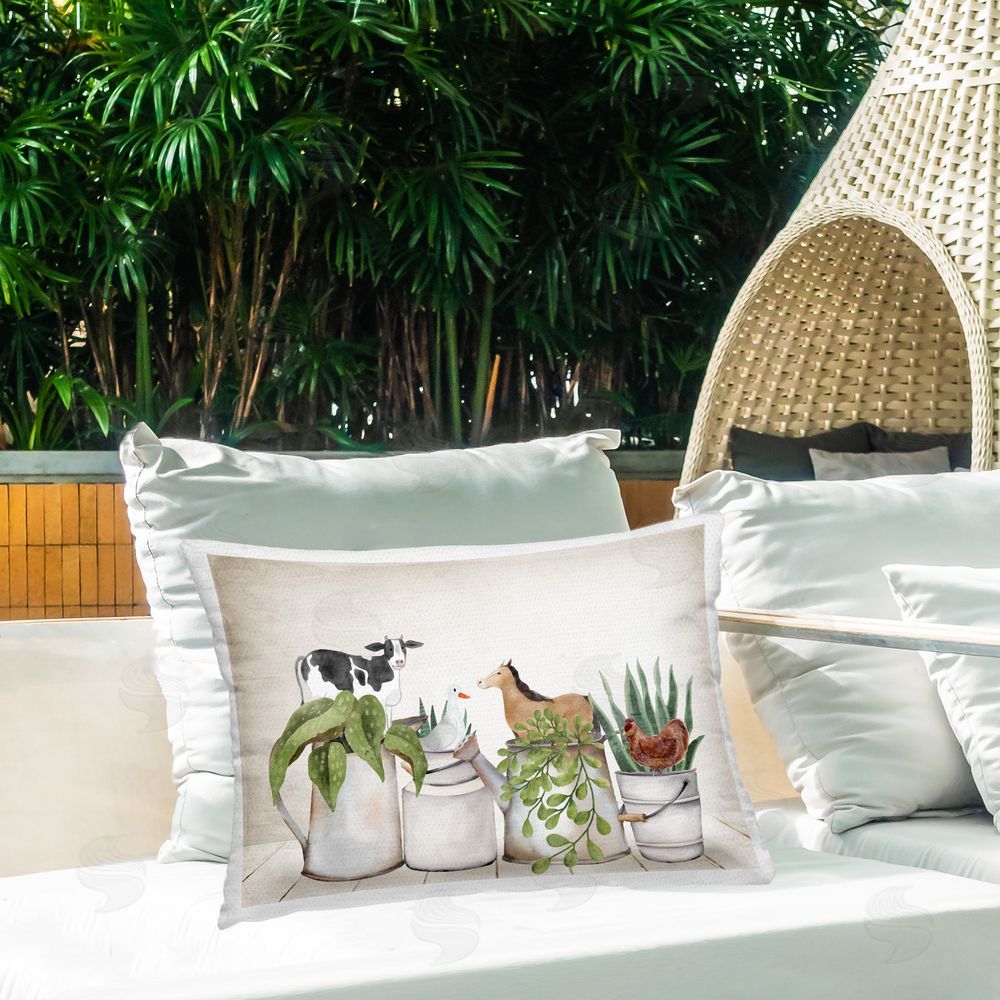 Kim Allen Tin Farm Animal Plants Outdoor Quick-Dry Polyester Printed Throw Pillow in Back Yard