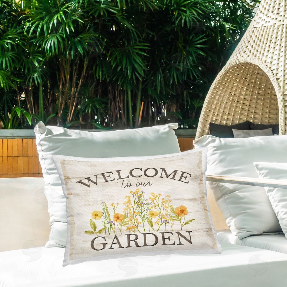 Kim Allen Welcome To Our Garden Outdoor Quick-Dry Polyester Printed Throw Pillow in Back Yard