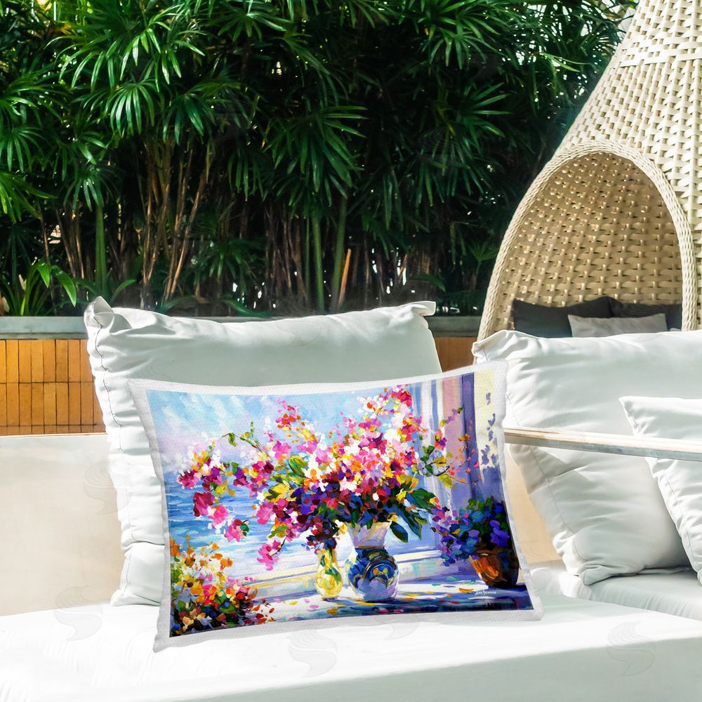 Leon Devenice Morning Sun Blooms Outdoor Quick-Dry Polyester Printed Throw Pillow in Back Yard