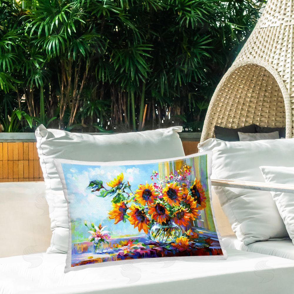 Leon Devenice Sunflowers Morning Glory Outdoor Quick-Dry Polyester Printed Throw Pillow in Back Yard