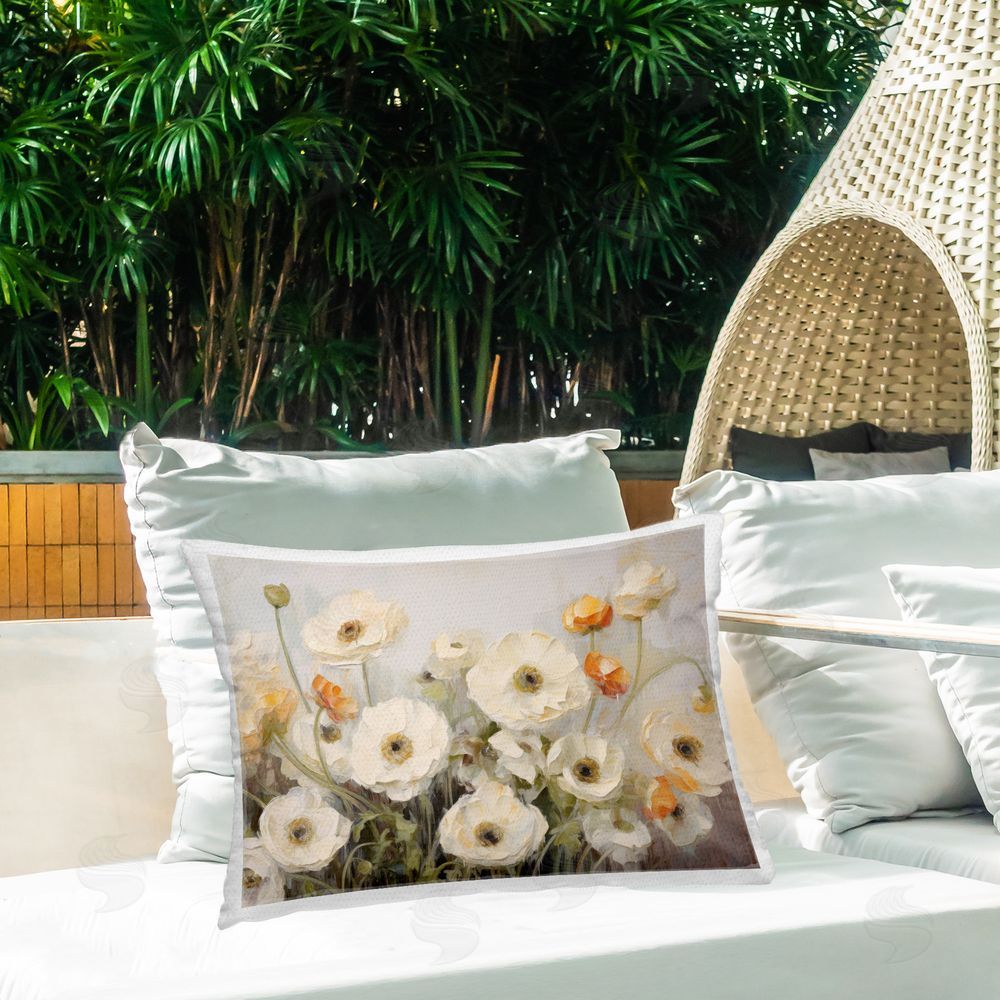 Petal Prints Design White Ranunculus Blooms Outdoor Quick-Dry Polyester Printed Throw Pillow in Back Yard