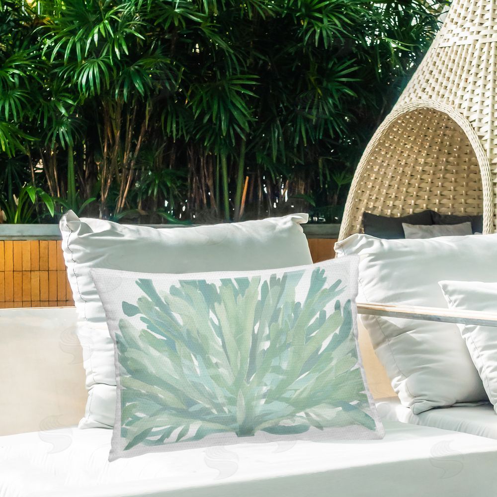 Stellar Design Studio Centric Green Coral Outdoor Quick-Dry Polyester Printed Throw Pillow in Back Yard