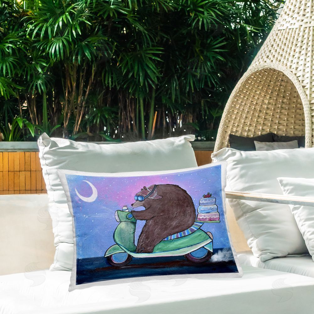 Andrea Doss Bear Riding Moped Outdoor Quick-Dry Polyester Printed Throw Pillow in Back Yard