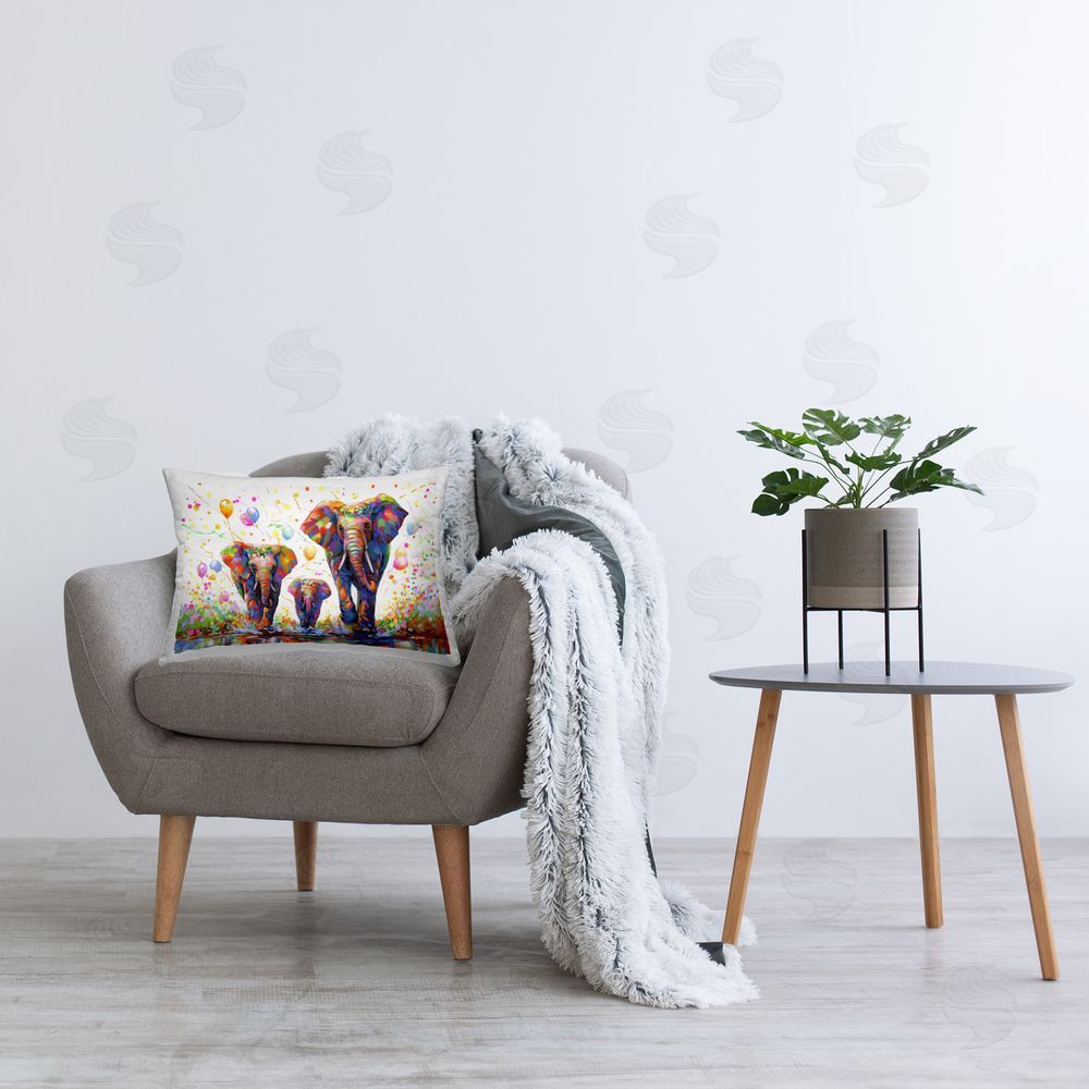 Leon Devenice Elephants & Celebration Balloons Printed Plush Polyester Throw Pillow On Chair