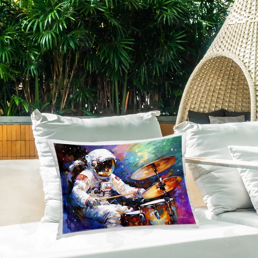 Leon Devenice Cosmic Drummer Musician Outdoor Quick-Dry Polyester Printed Throw Pillow in Back Yard