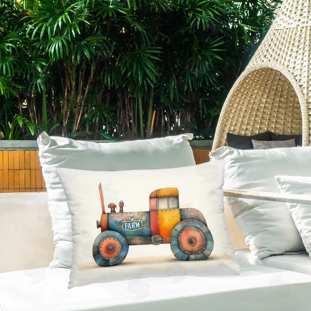 Steve Hunziker Whimsical Farm Tractor Outdoor Quick-Dry Polyester Printed Throw Pillow in Back Yard