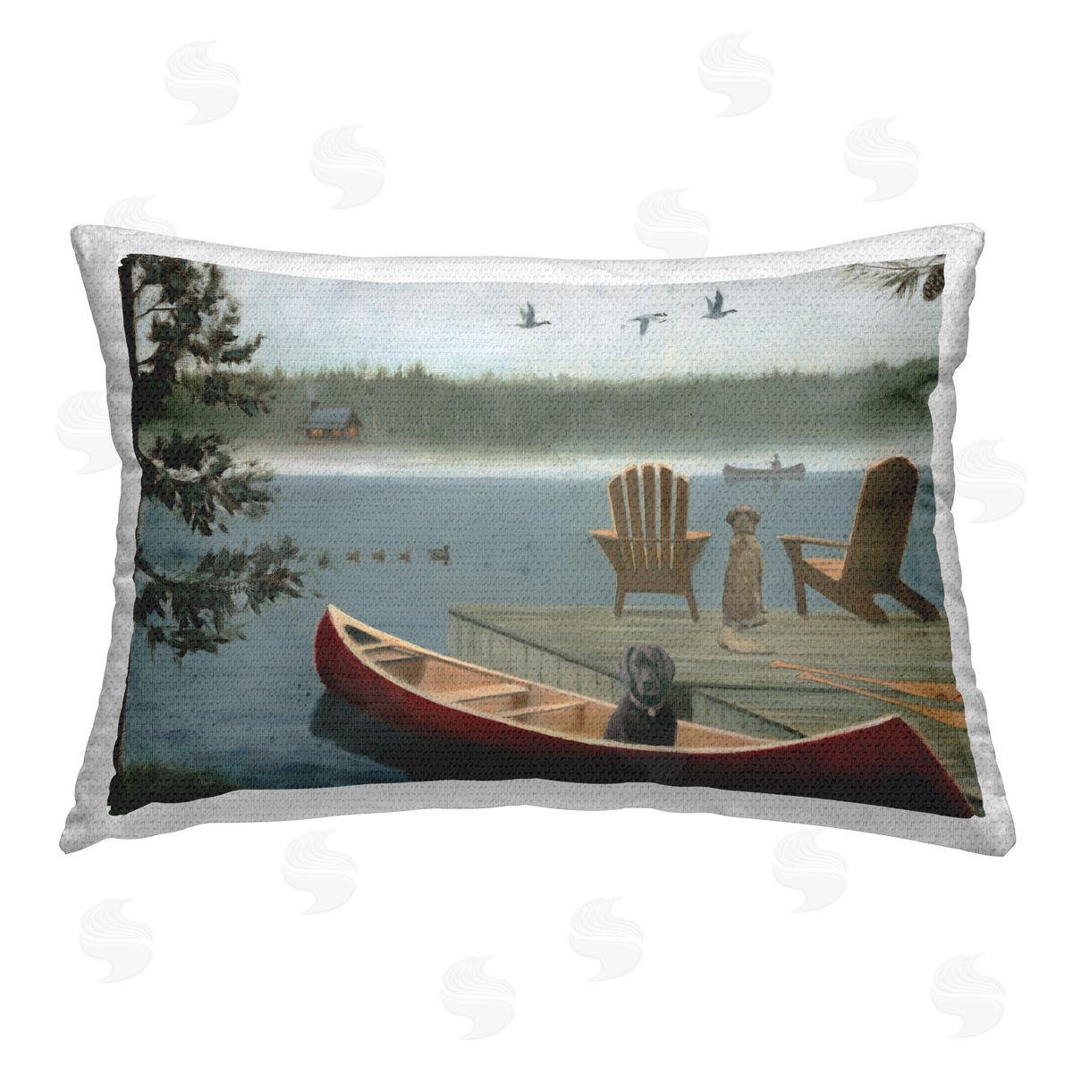 James Wiens Dogs on Lake Dock Outdoor Quick-Dry Polyester Printed Throw Pillow