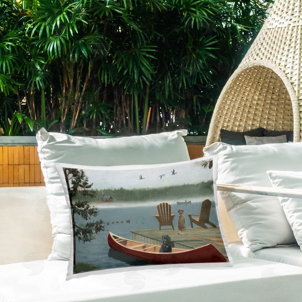 James Wiens Dogs on Lake Dock Outdoor Quick-Dry Polyester Printed Throw Pillow in Back Yard