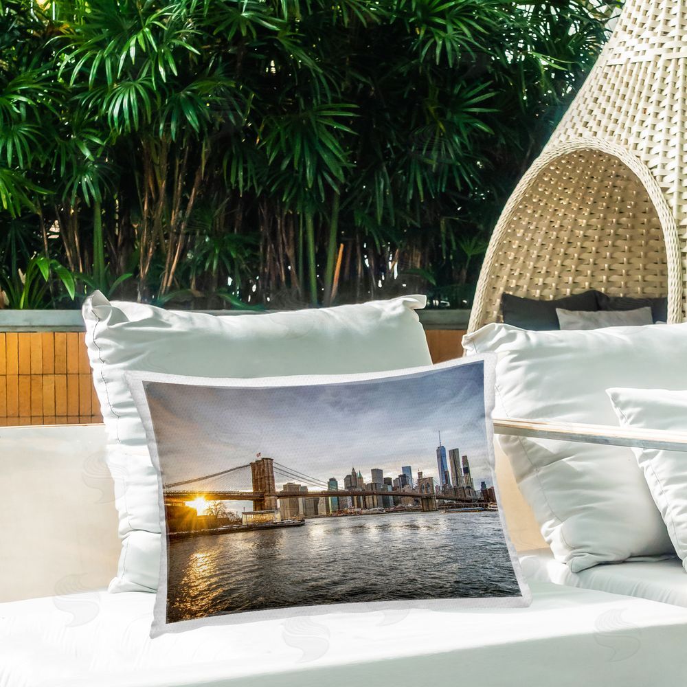 Murray Bolesta Bridge Spanning Cityscape Outdoor Quick-Dry Polyester Printed Throw Pillow in Back Yard