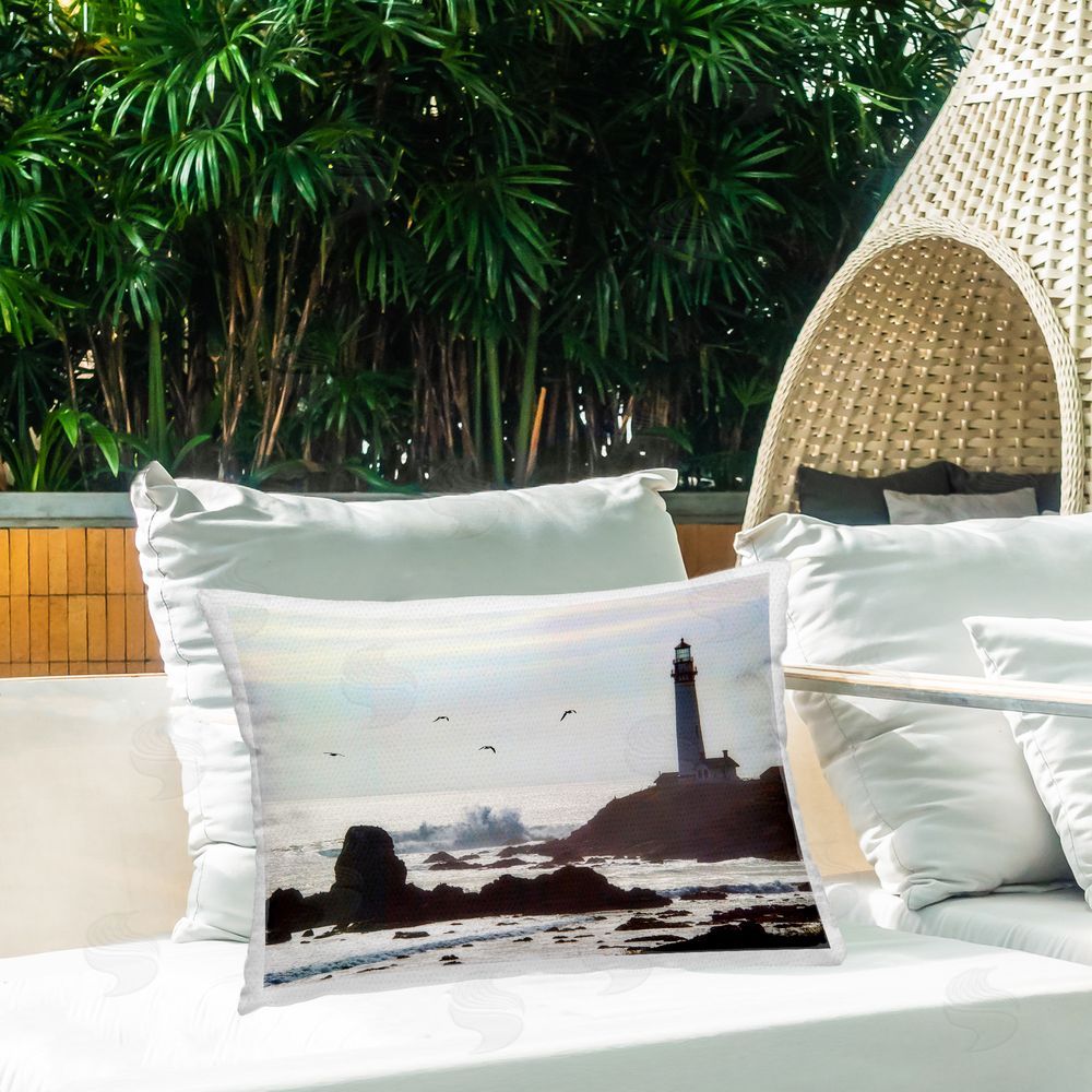 Murray Bolesta Seagulls & Lighthouse Scene Outdoor Quick-Dry Polyester Printed Throw Pillow in Back Yard