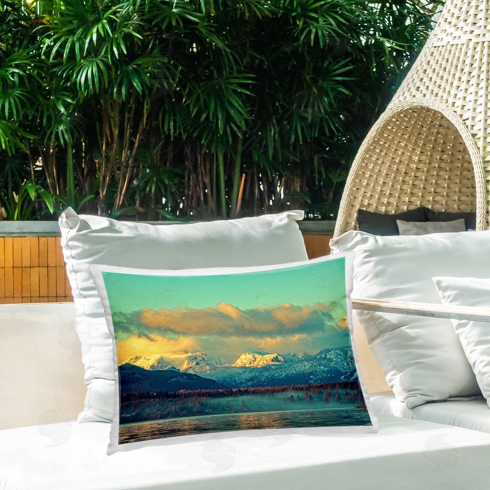 Chuck Burdick Snowy Mountain Shore Outdoor Quick-Dry Polyester Printed Throw Pillow in Back Yard