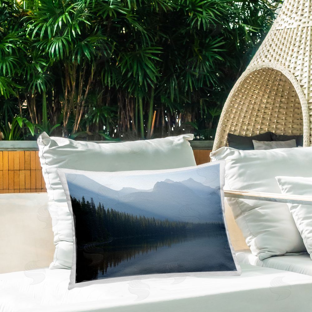 Hunter Page Photography Foggy Lakeside Trees Outdoor Quick-Dry Polyester Printed Throw Pillow in Back Yard