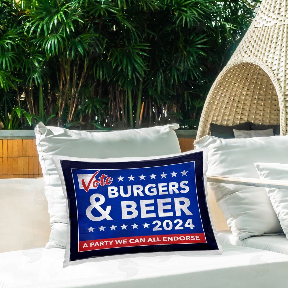 Jedco Brands Inc. Burgers & Beer Vote Outdoor Quick-Dry Polyester Printed Throw Pillow in Back Yard