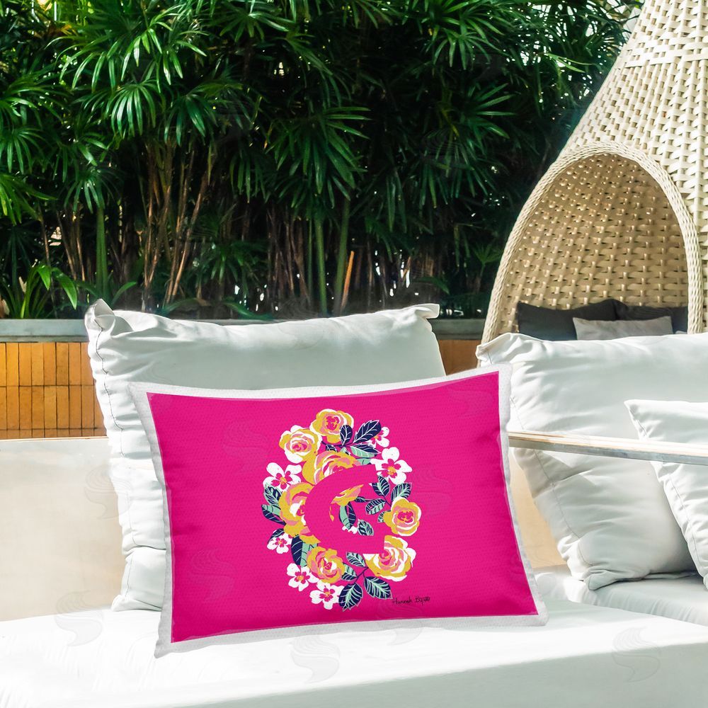 Hannah Byatt Floral Initial Letter C Outdoor Quick-Dry Polyester Printed Throw Pillow in Back Yard