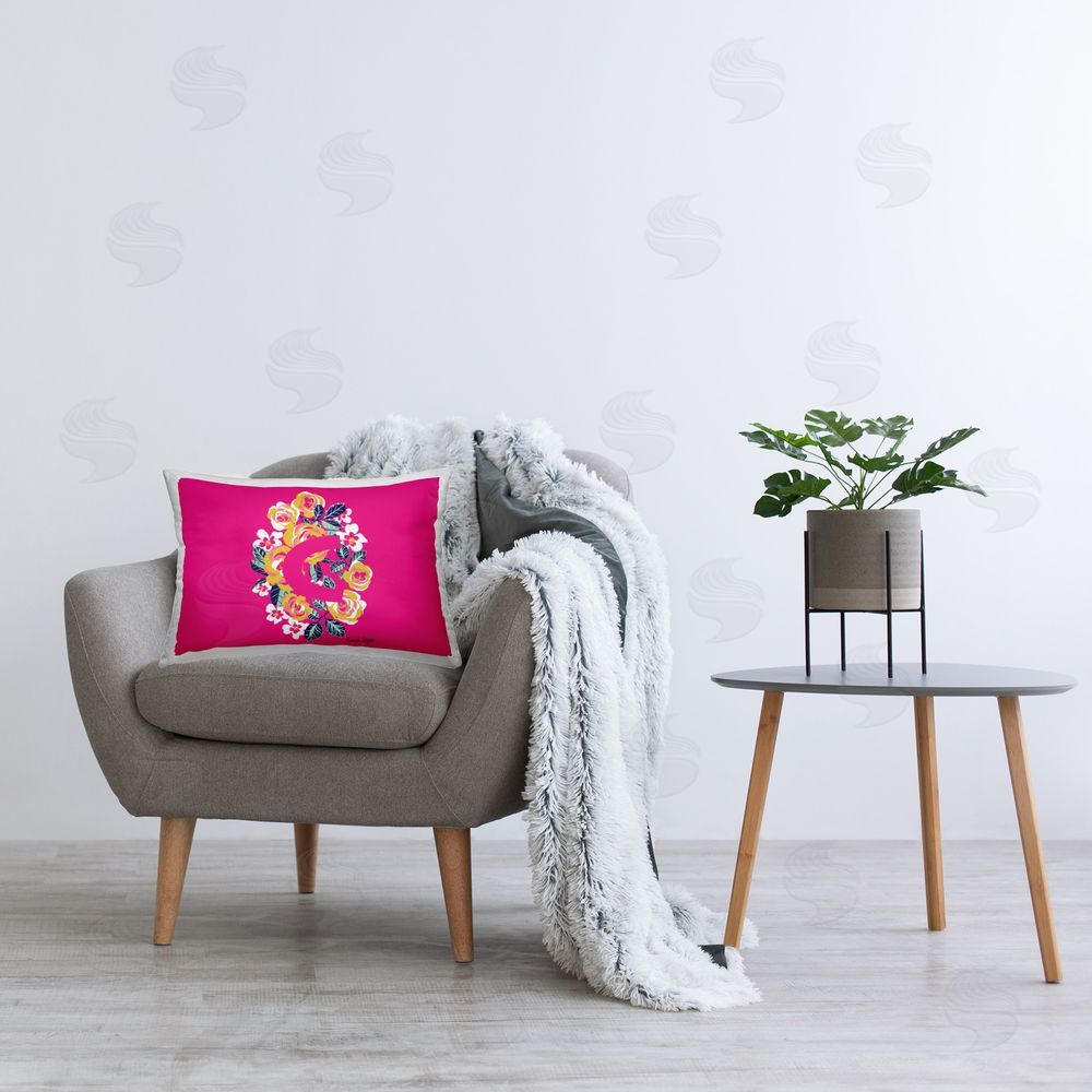 Hannah Byatt Floral Initial Letter C Printed Plush Polyester Throw Pillow On Chair