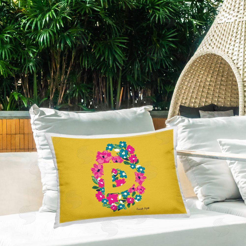 Hannah Byatt Floral Initial Letter D Outdoor Quick-Dry Polyester Printed Throw Pillow in Back Yard