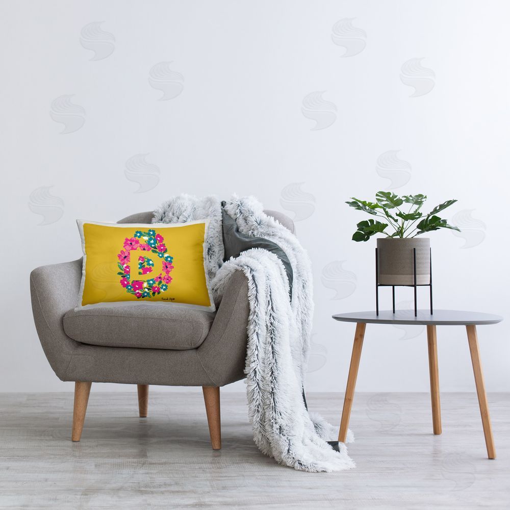 Hannah Byatt Floral Initial Letter D Printed Plush Polyester Throw Pillow On Chair