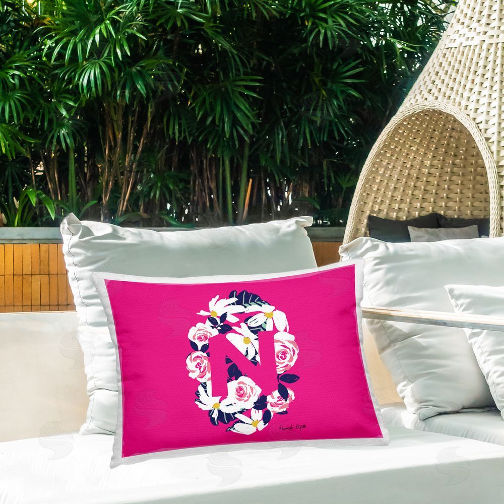 Hannah Byatt Floral Initial Letter N Outdoor Quick-Dry Polyester Printed Throw Pillow in Back Yard