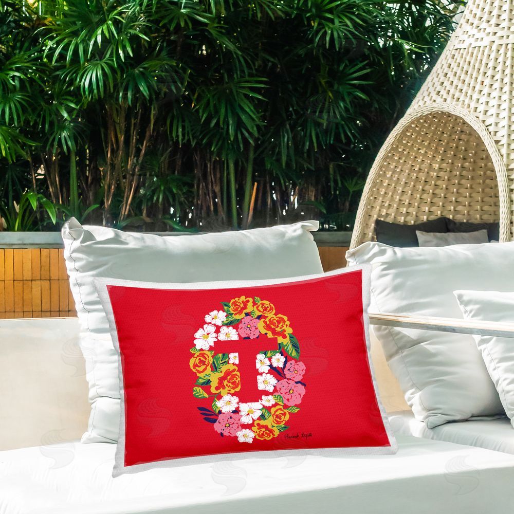 Hannah Byatt Floral Initial Letter T Outdoor Quick-Dry Polyester Printed Throw Pillow in Back Yard