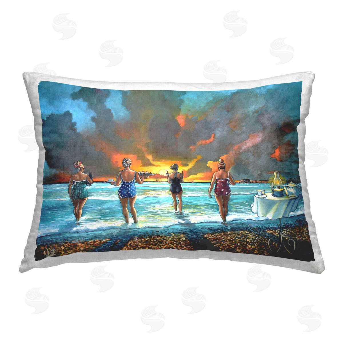 Ronald West Elegant Ladies on Beach Printed Plush Polyester Throw Pillow