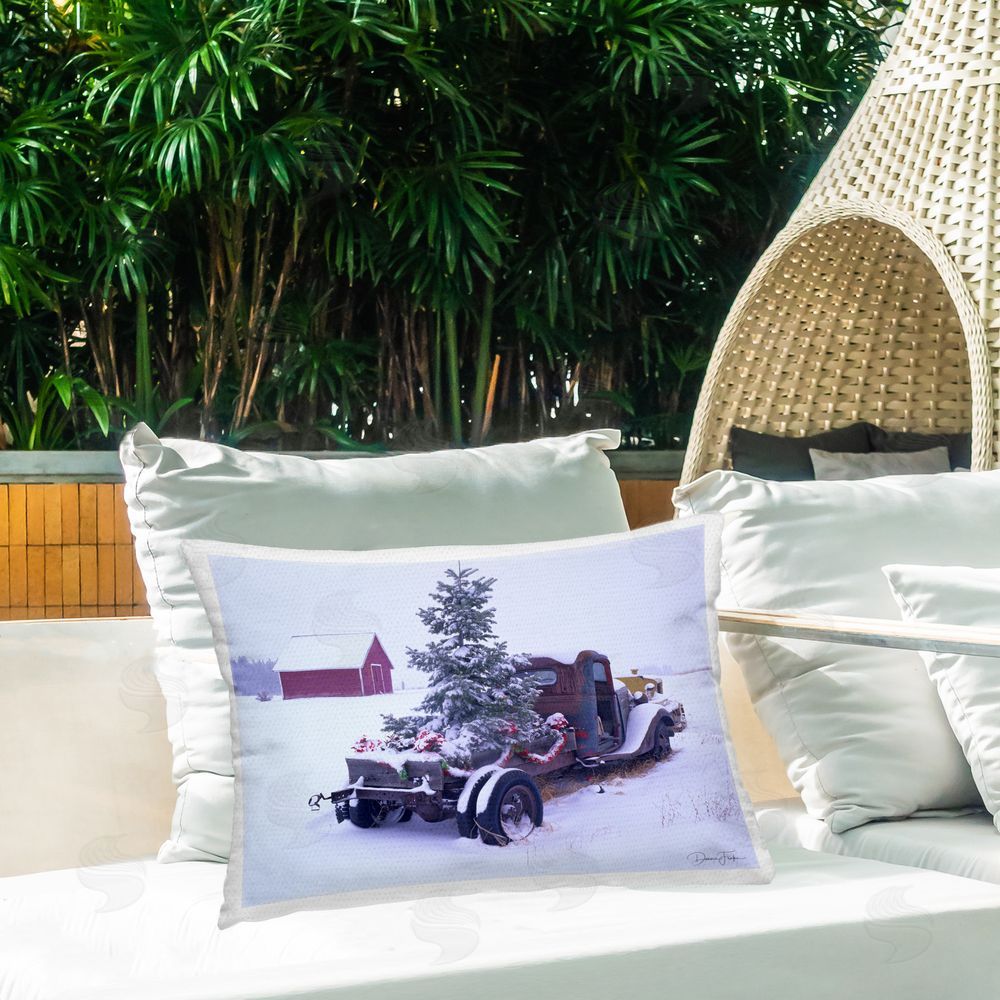 Dennis Frates Christmas Tree Truck Outdoor Quick-Dry Polyester Printed Throw Pillow in Back Yard