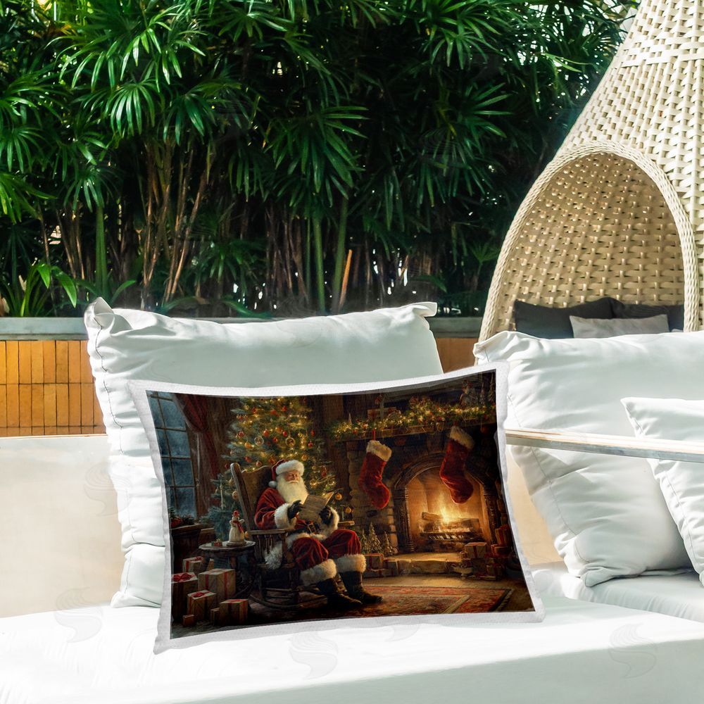 Imagine It Images Santa Claus by Fire Outdoor Quick-Dry Polyester Printed Throw Pillow in Back Yard