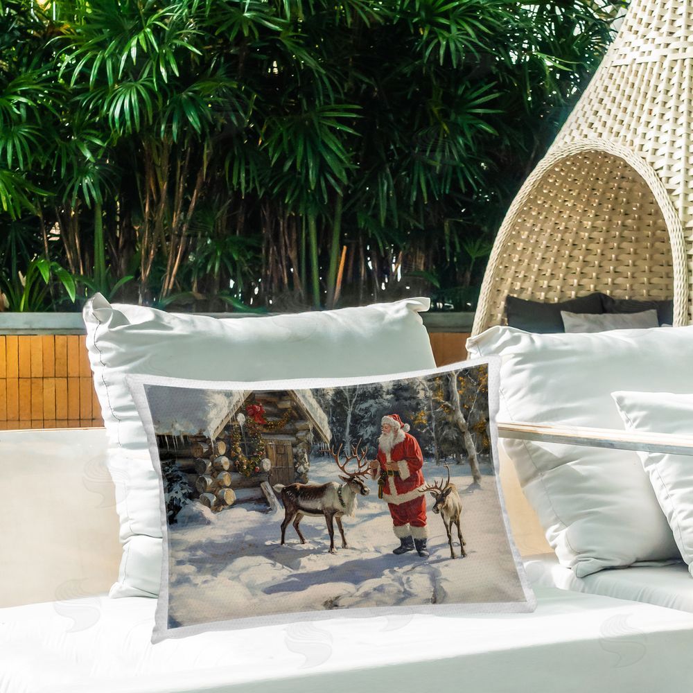 Imagine It Images Santa & Reindeer Scene Outdoor Quick-Dry Polyester Printed Throw Pillow in Back Yard