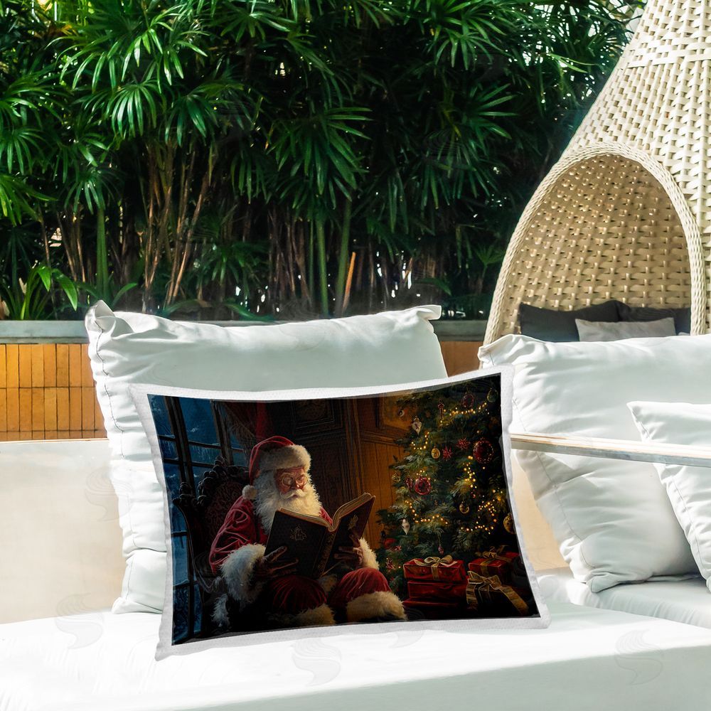 Imagine It Images Santa Reading by Tree Outdoor Quick-Dry Polyester Printed Throw Pillow in Back Yard