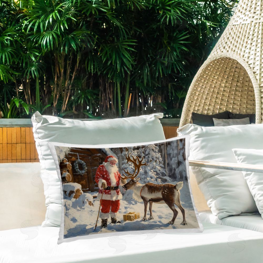 Imagine It Images Santa with Reindeer Scene Outdoor Quick-Dry Polyester Printed Throw Pillow in Back Yard