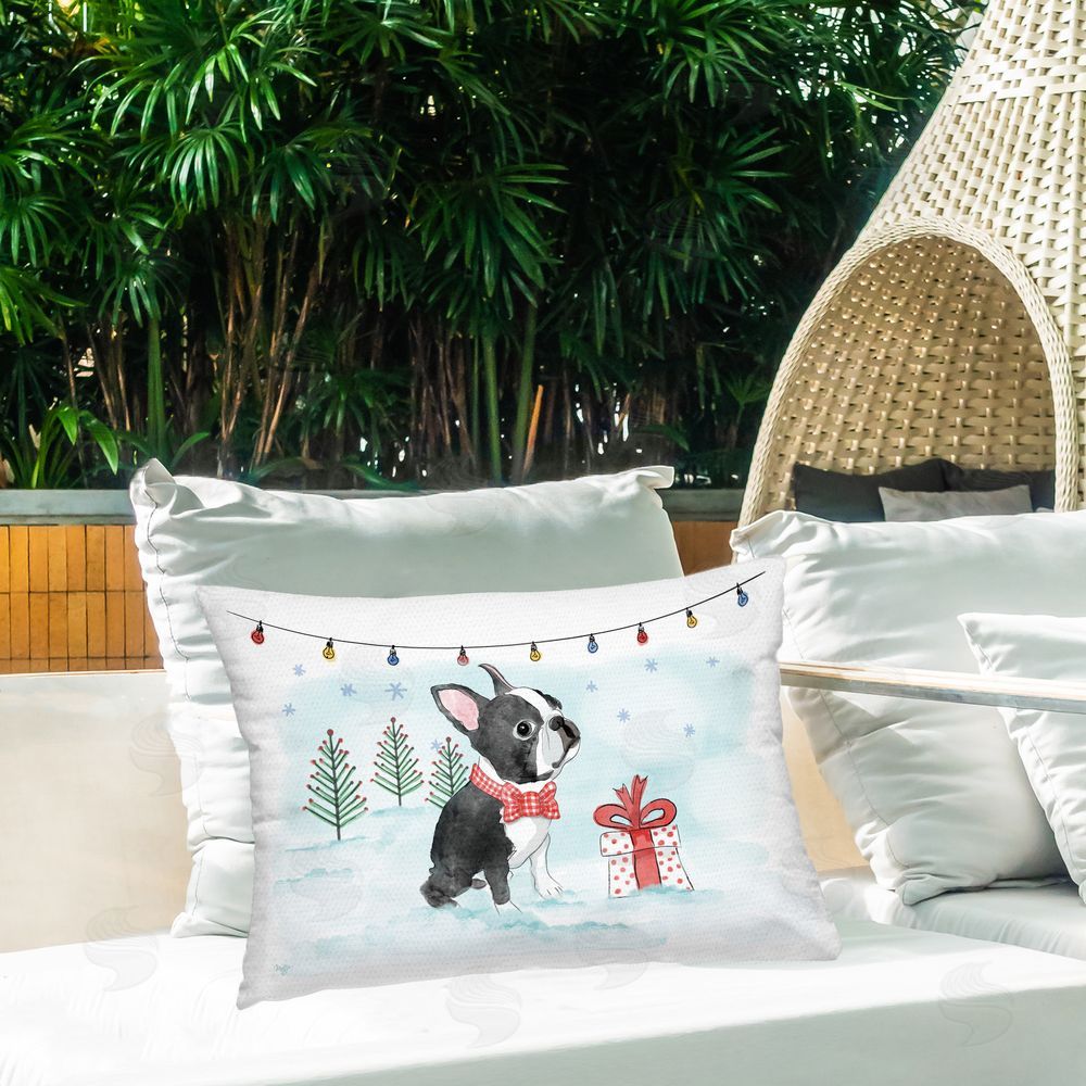 Mollie B. Snowy Boston Terrier Outdoor Quick-Dry Polyester Printed Throw Pillow in Back Yard